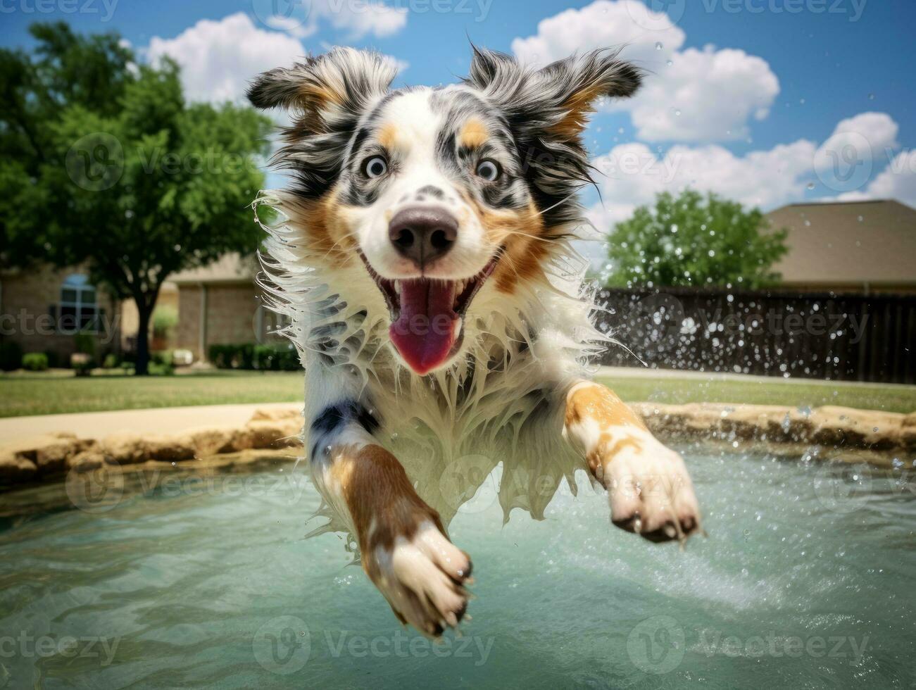 Wet and joyful dog leaping into a pool on a hot summer day AI Generative photo