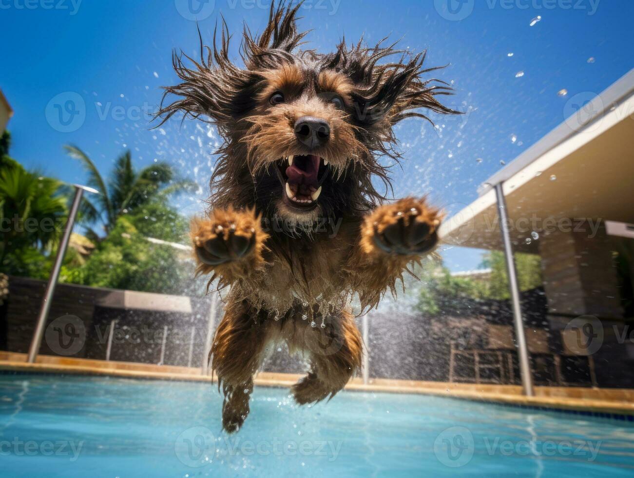 Wet and joyful dog leaping into a pool on a hot summer day AI Generative photo