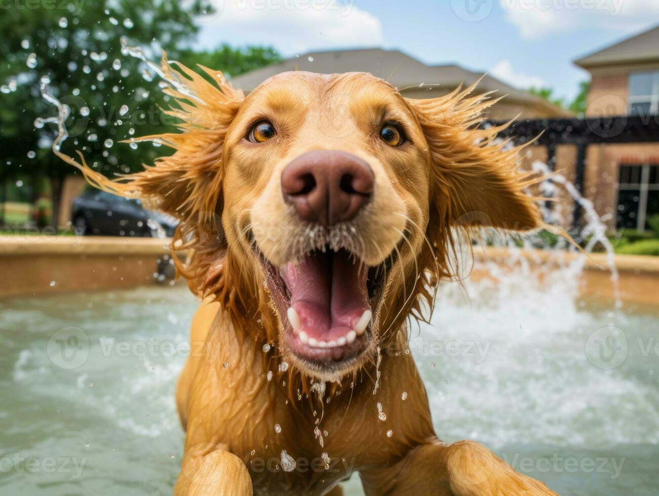 Wet and joyful dog leaping into a pool on a hot summer day AI Generative photo