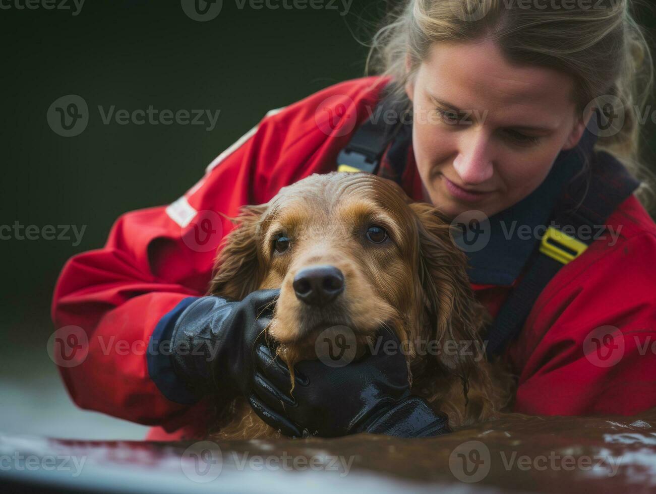 Skilled search and rescue dog working diligently in a disaster area AI Generative photo