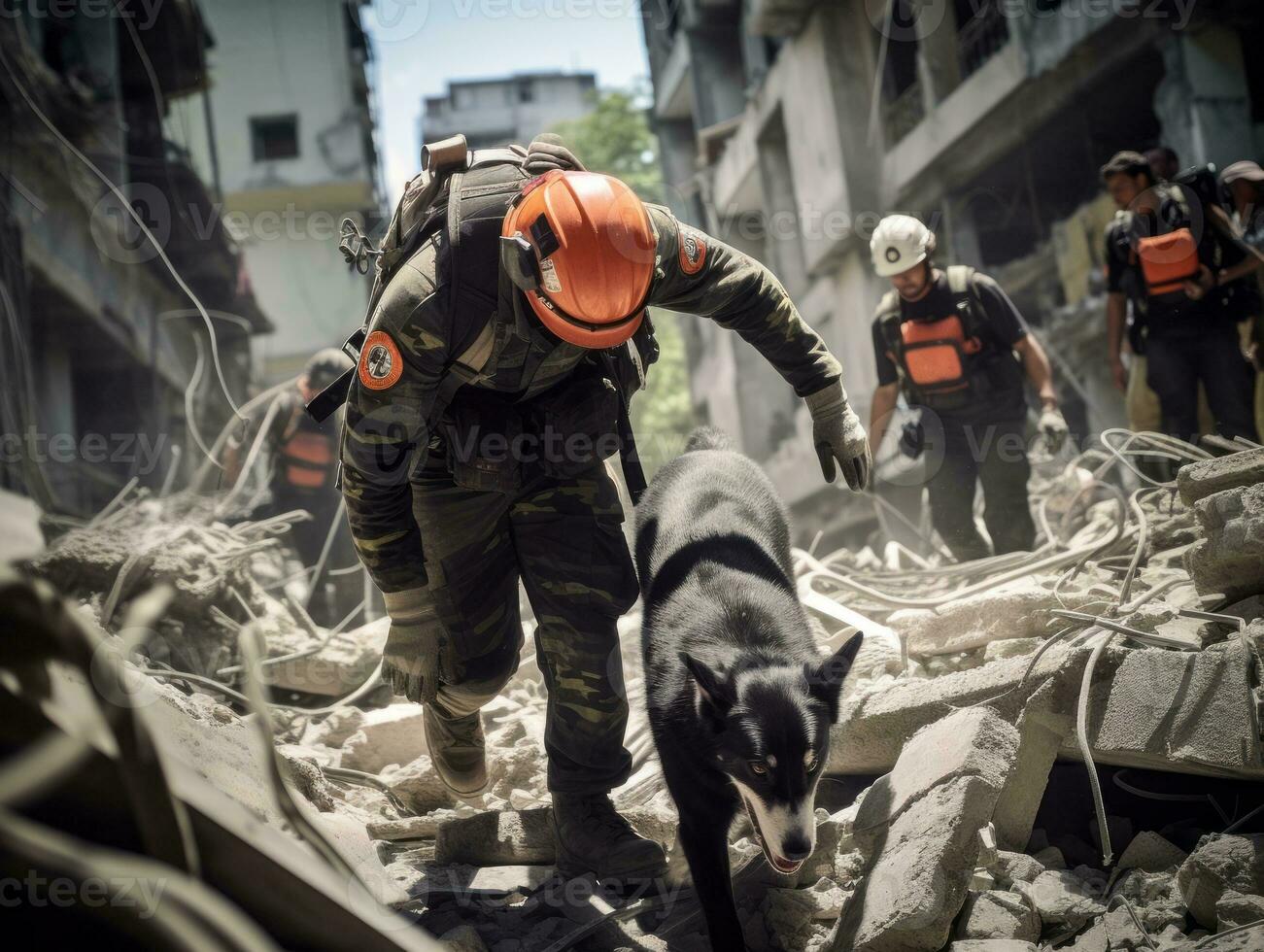 Skilled search and rescue dog working diligently in a disaster area AI Generative photo