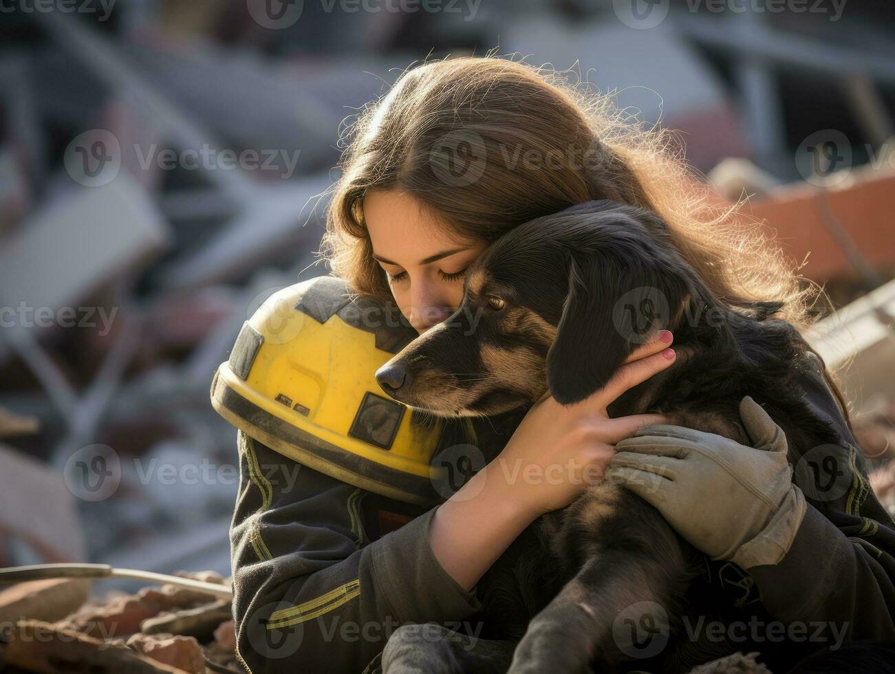 Skilled search and rescue dog working diligently in a disaster area AI Generative photo