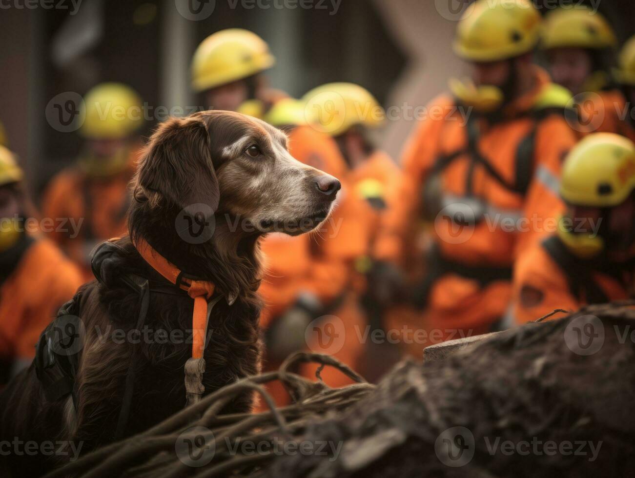 Skilled search and rescue dog working diligently in a disaster area AI Generative photo