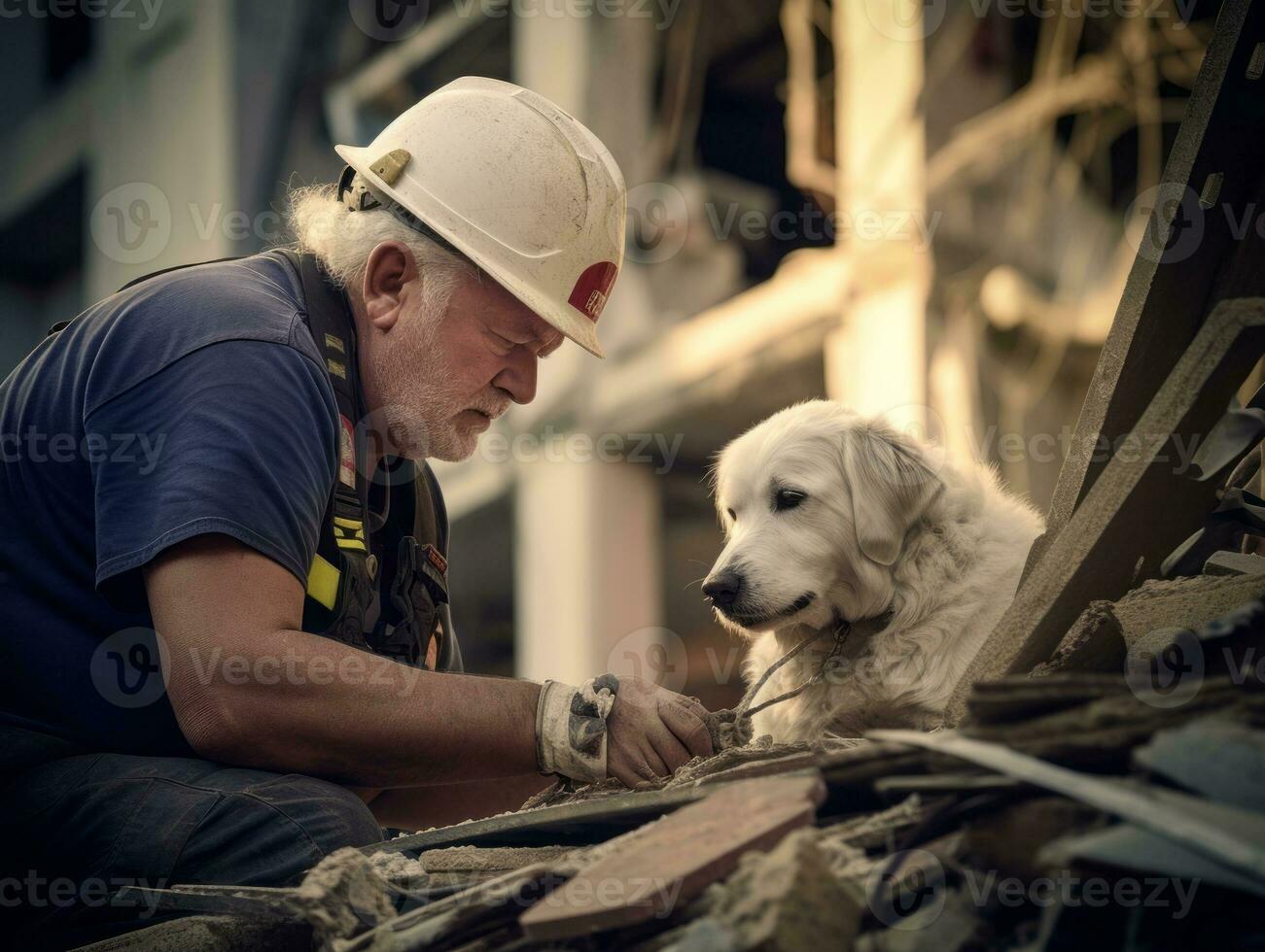 Skilled search and rescue dog working diligently in a disaster area AI Generative 34082353 Stock