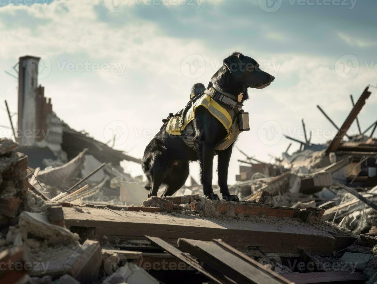 Skilled search and rescue dog working diligently in a disaster area AI Generative photo