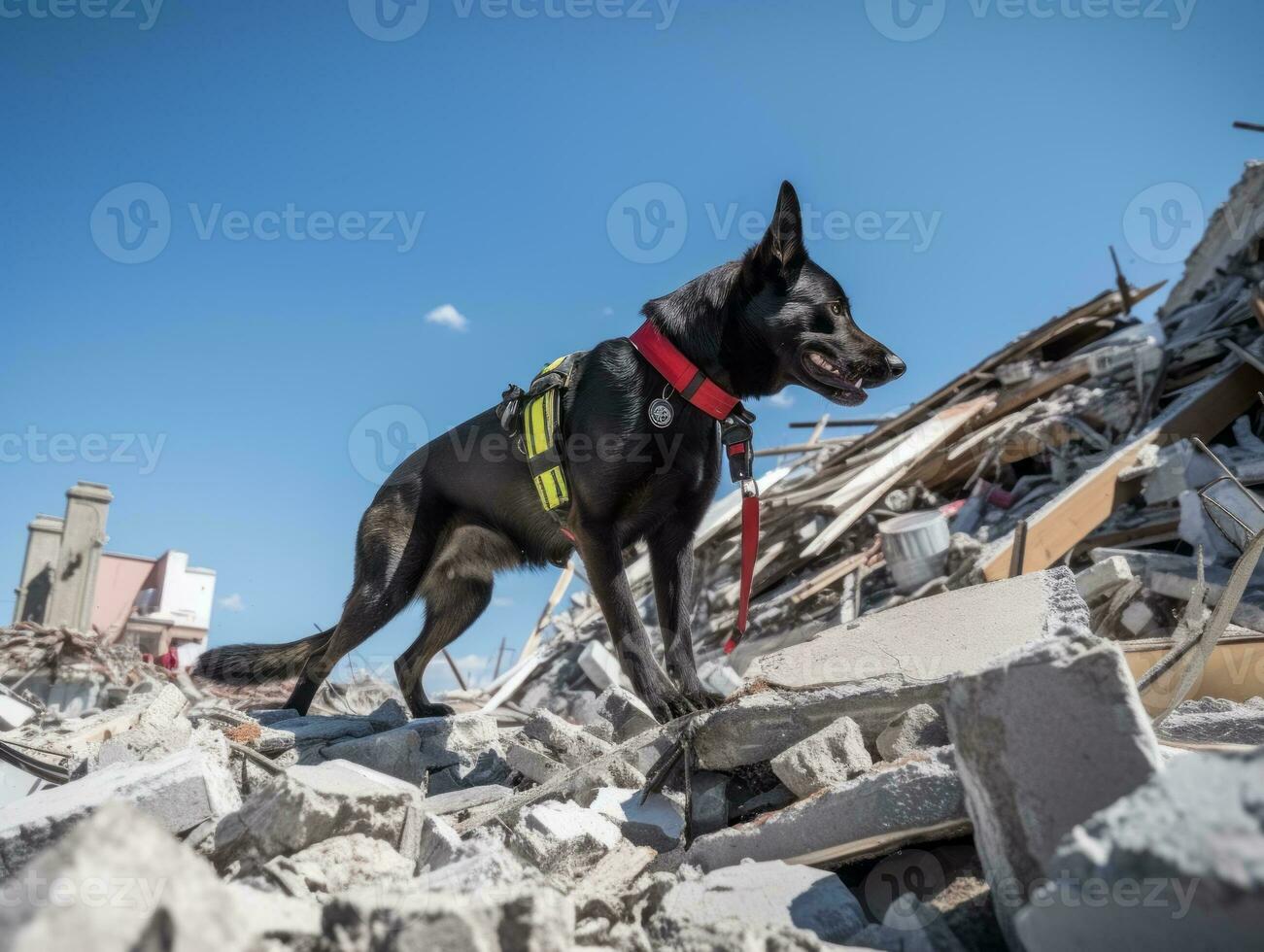 Skilled search and rescue dog working diligently in a disaster area AI Generative photo