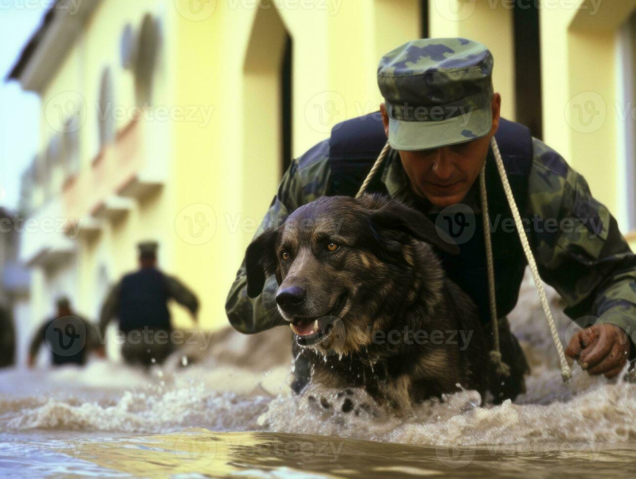 Skilled search and rescue dog working diligently in a disaster area AI Generative photo