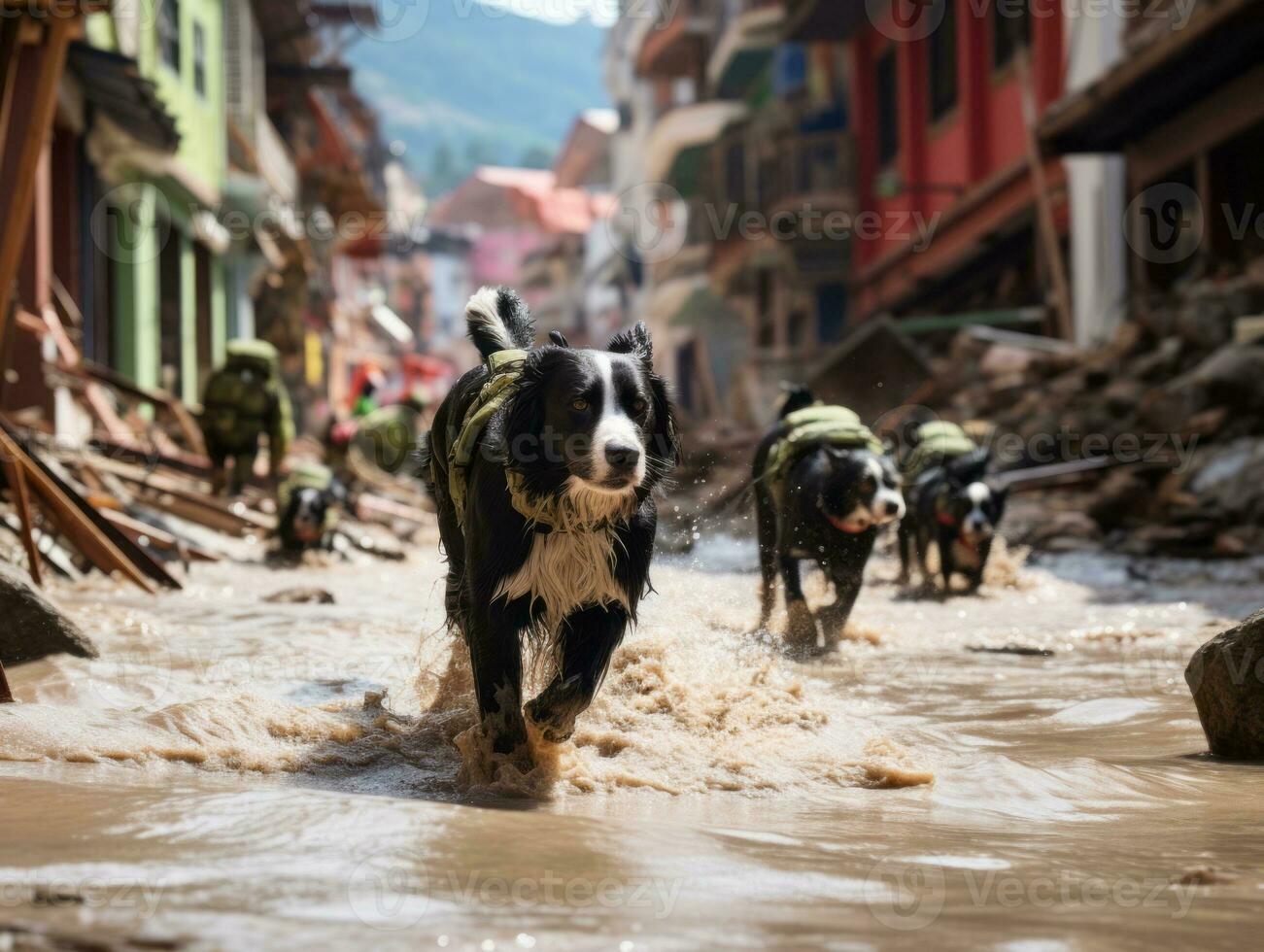 Skilled search and rescue dog working diligently in a disaster area AI Generative photo