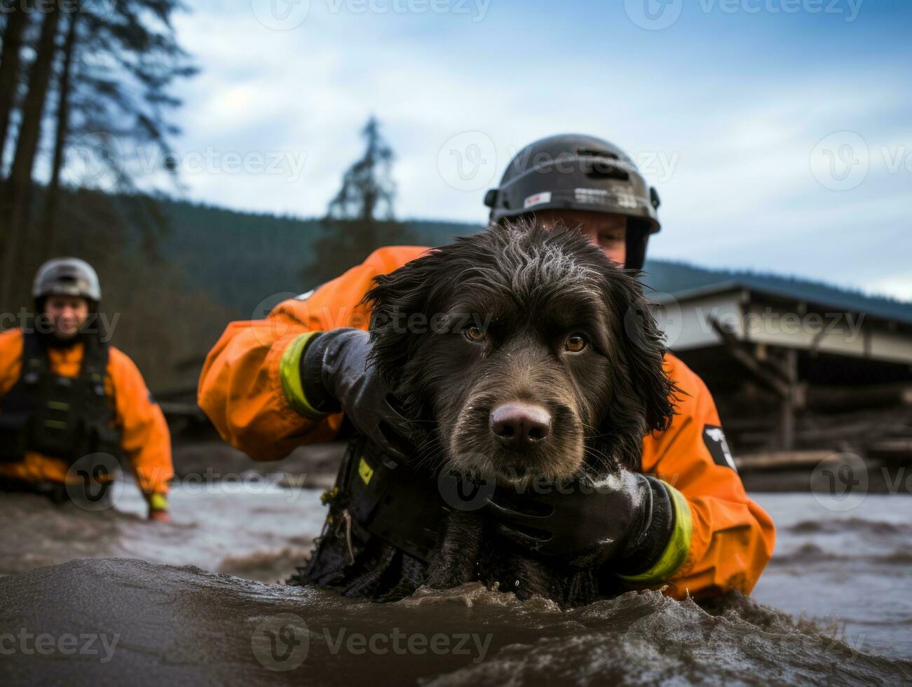 Skilled search and rescue dog working diligently in a disaster area AI Generative photo
