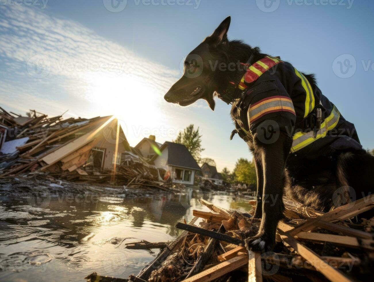 Skilled search and rescue dog working diligently in a disaster area AI Generative photo
