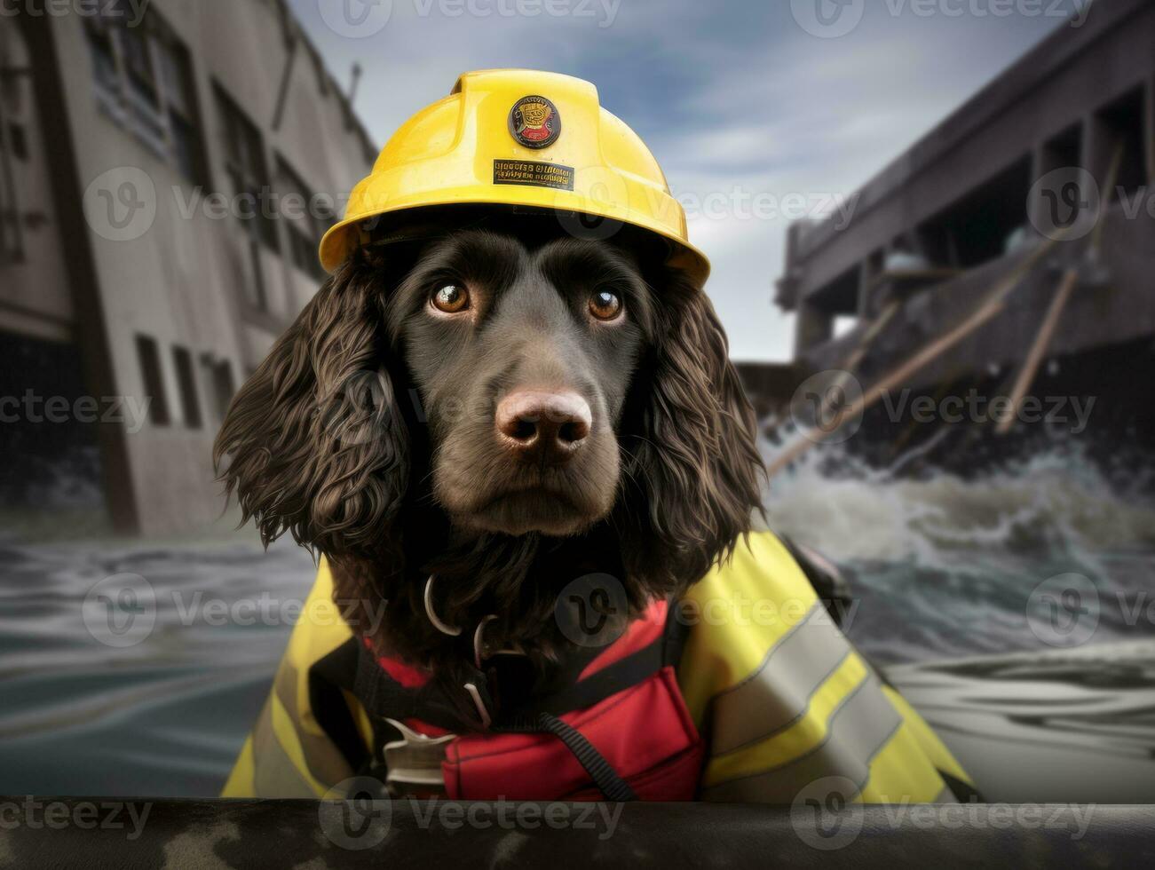 Skilled search and rescue dog working diligently in a disaster area AI Generative photo