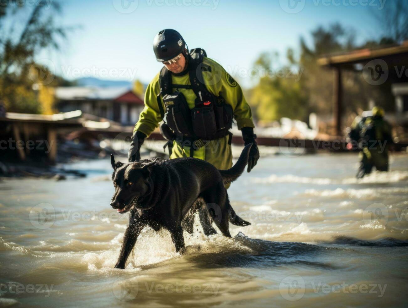 Skilled search and rescue dog working diligently in a disaster area AI Generative photo