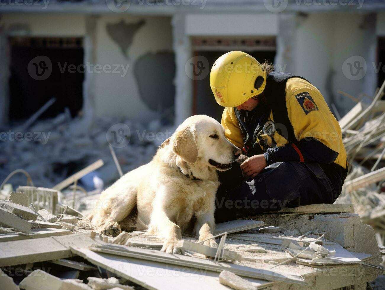 Skilled search and rescue dog working diligently in a disaster area AI Generative photo