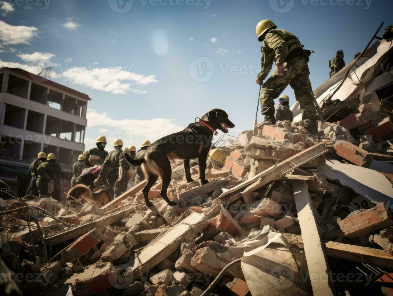 Skilled search and rescue dog working diligently in a disaster area AI Generative photo
