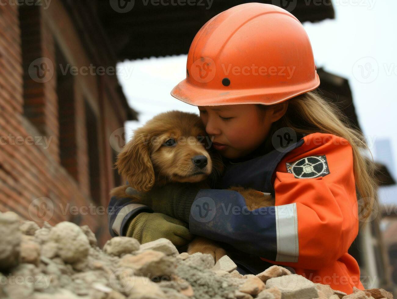 Skilled search and rescue dog working diligently in a disaster area AI Generative photo