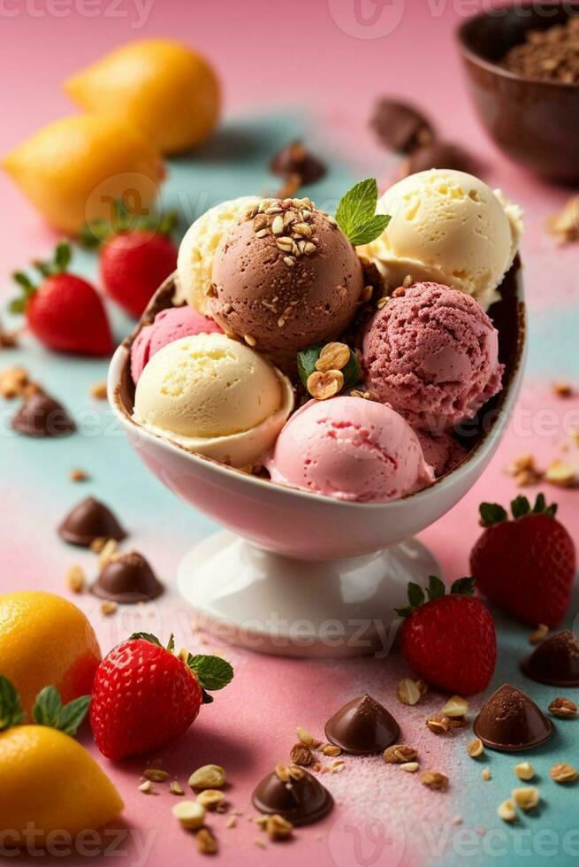 Mixed ice cream scoops in bowl with fresh fruits, berries and chocolate candies. AI Generative photo