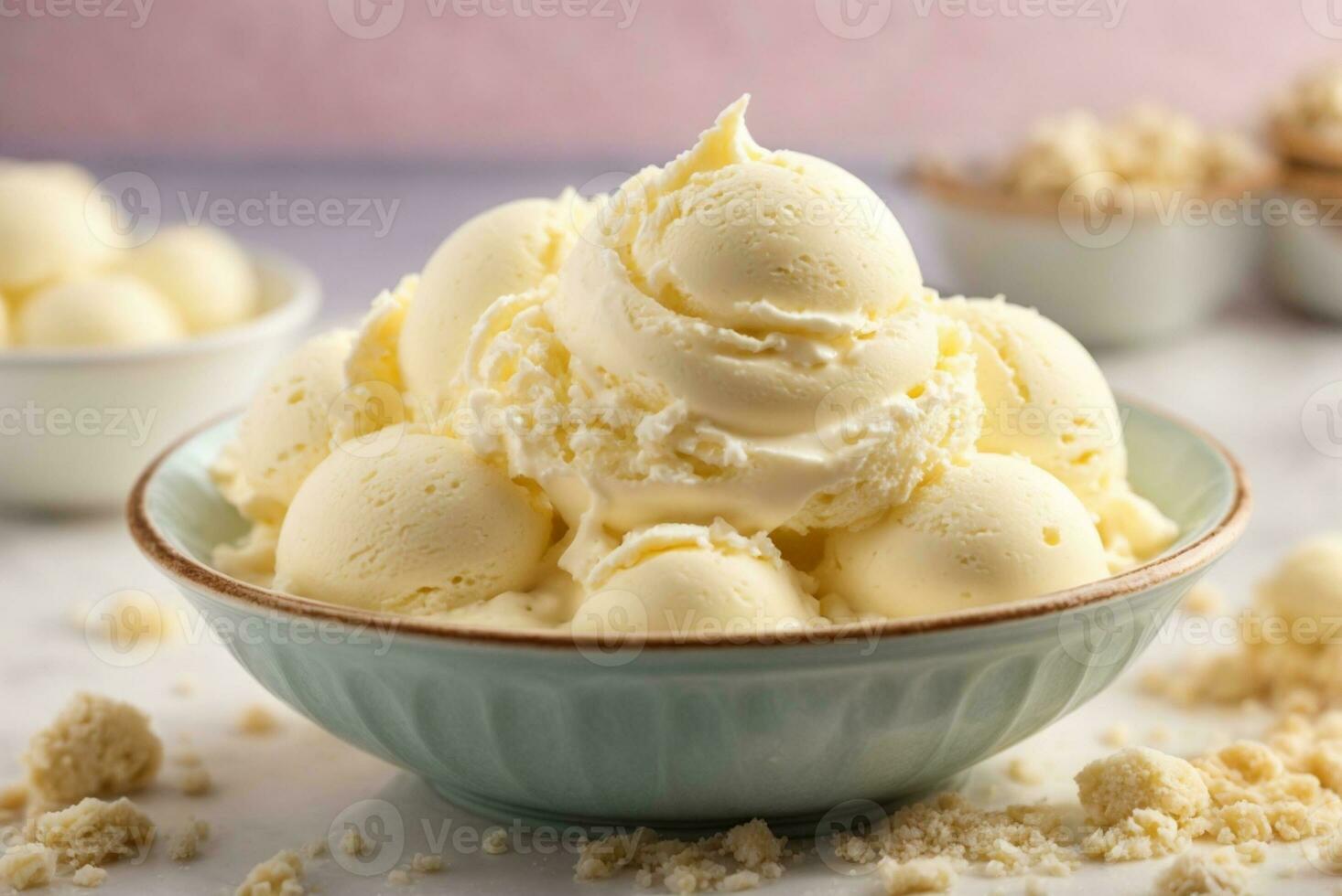 vainilla hielo crema con Almendras en un cuenco en un blanco antecedentes. ai generativo foto