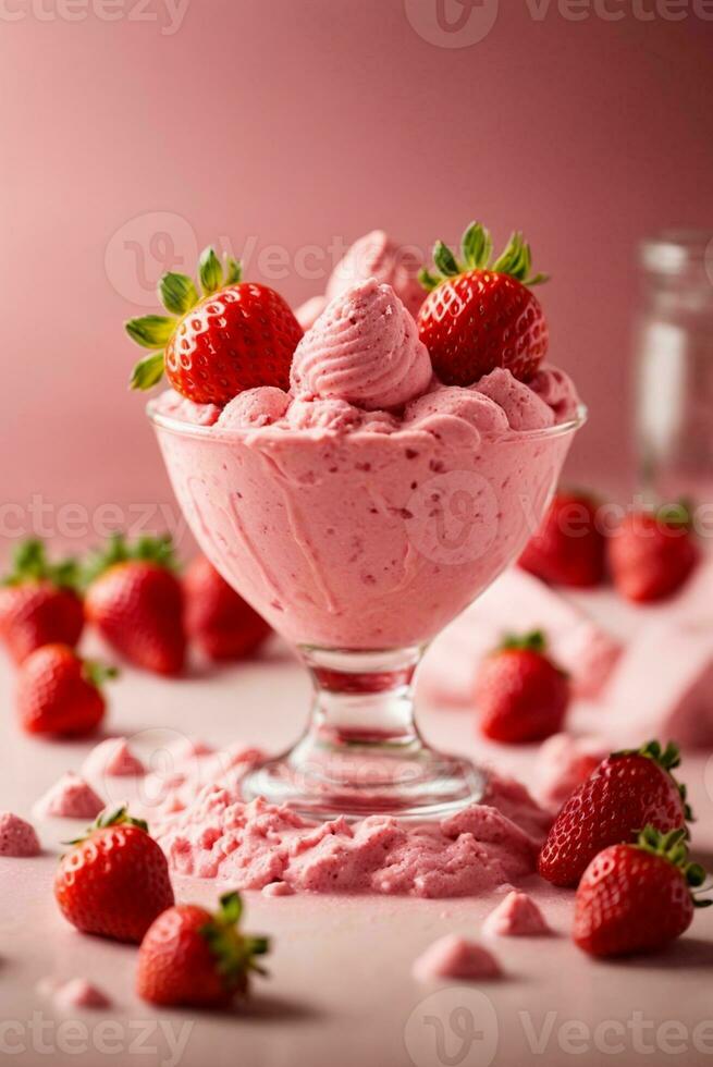fresa hielo crema en un vaso con Fresco fresas en rosado antecedentes. ai generativo foto