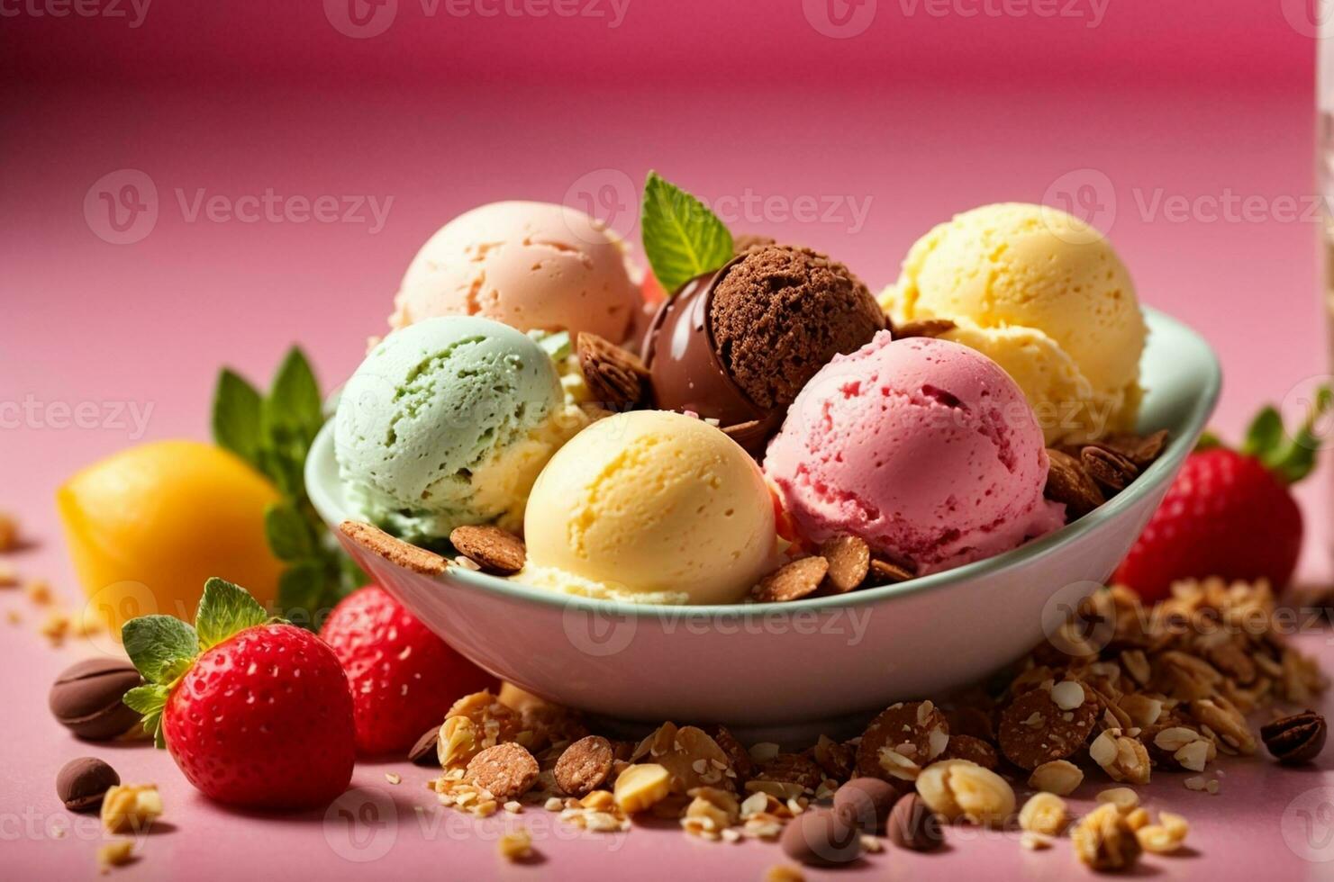 Mixed ice cream scoops in bowl with fresh fruits, berries and chocolate candies. AI Generative photo