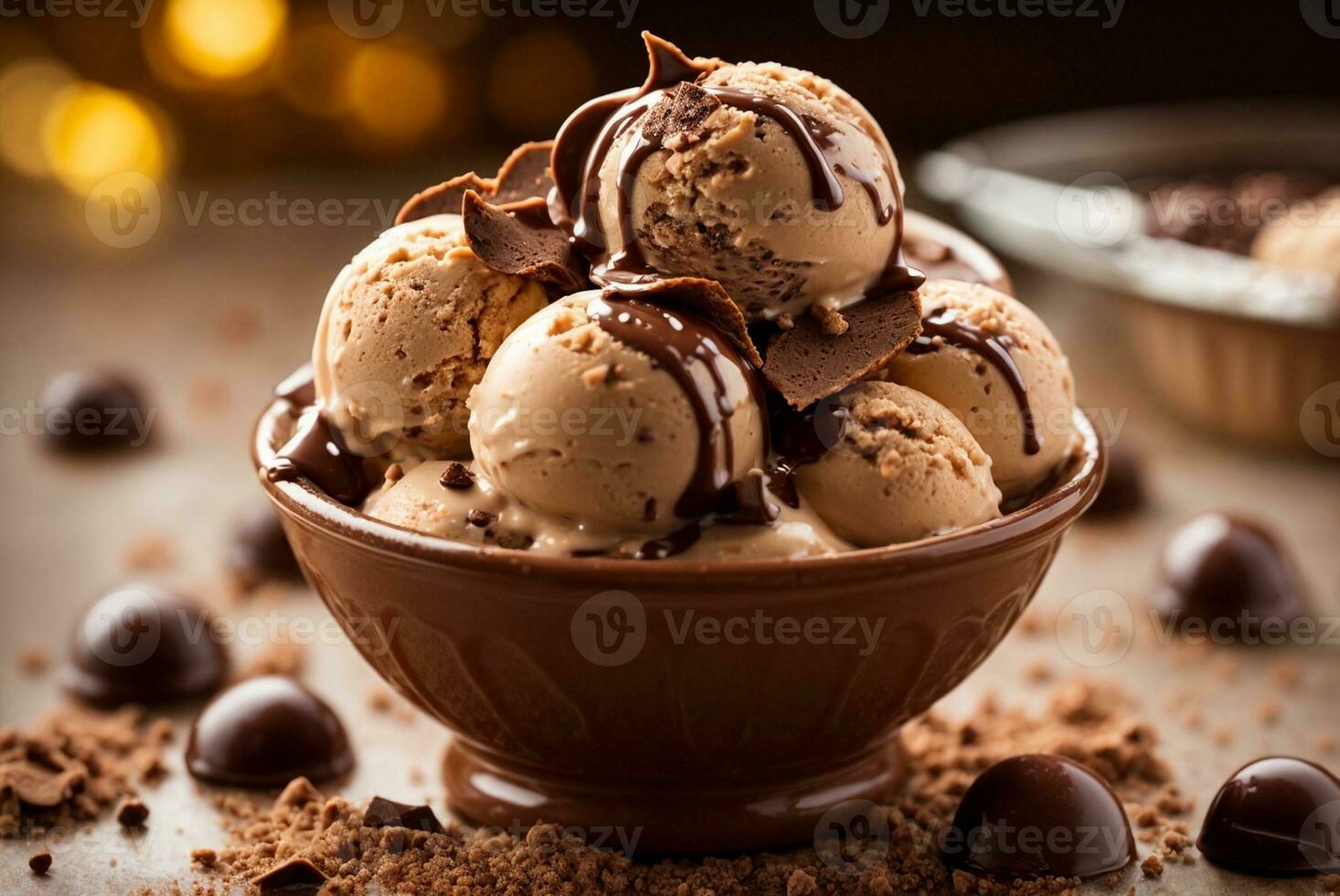 Chocolate ice cream balls in bowl with cocoa powder and candies. AI Generative photo