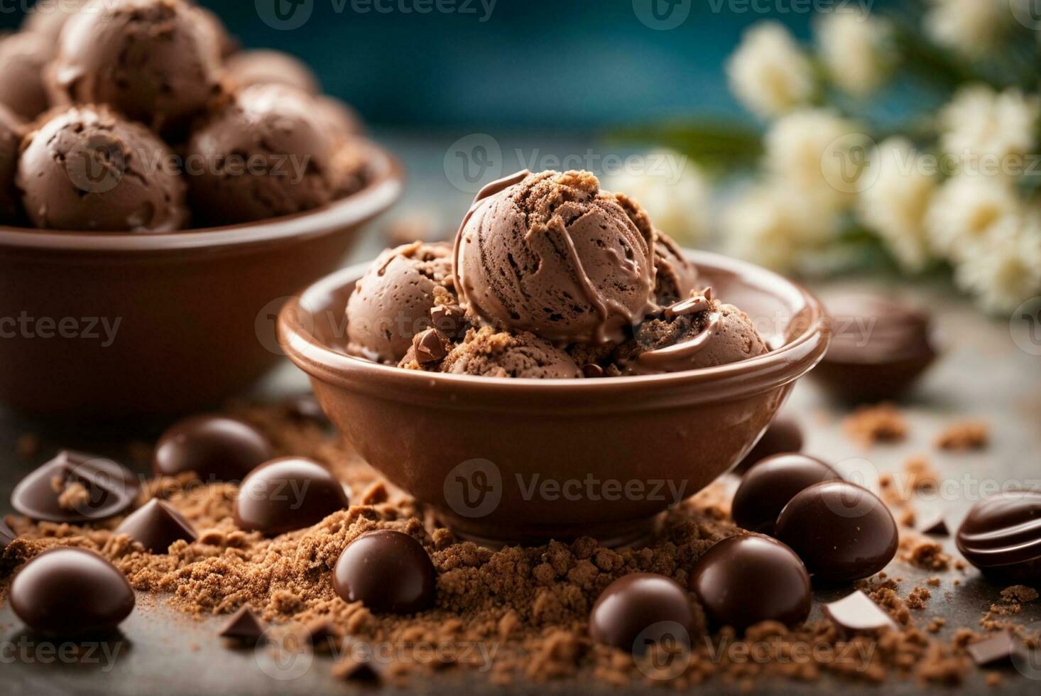 chocolate hielo crema pelotas en cuenco con cacao polvo y dulces. ai generativo foto