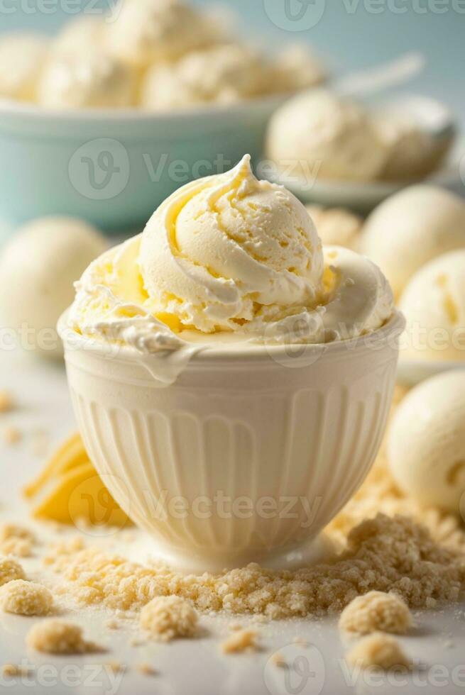 vainilla hielo crema con Almendras en un cuenco en un blanco antecedentes. ai generativo foto