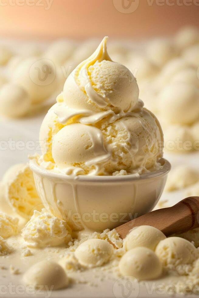 vainilla hielo crema con Almendras en un cuenco en un blanco antecedentes. ai generativo foto