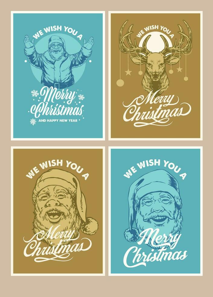Collection Set of Christmas Greeting Card with Vintage Hand Drawn Illustration vector