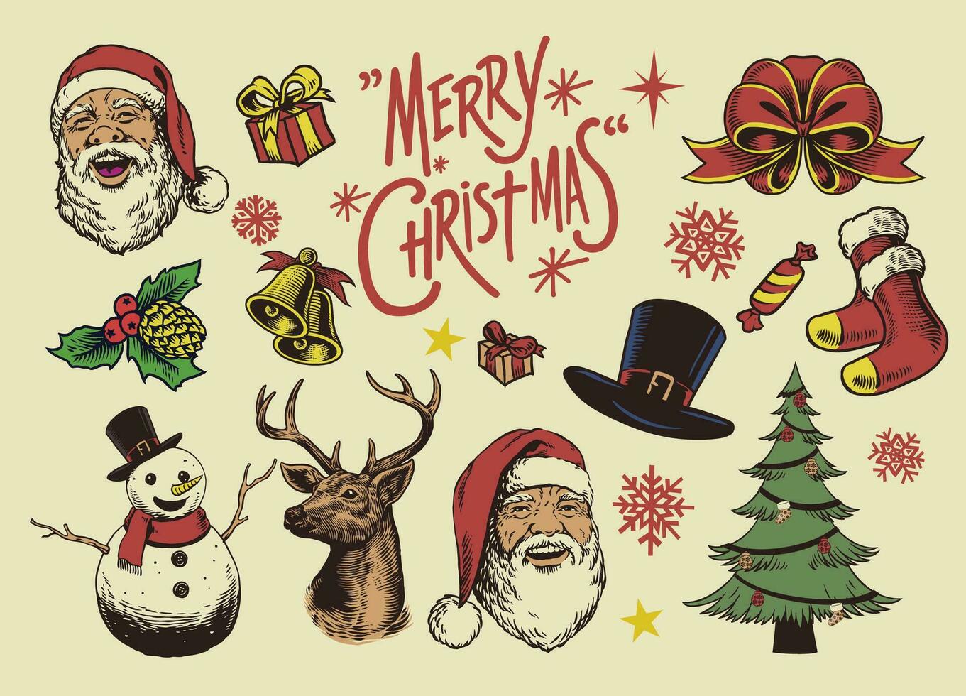 Set of Christmas Character and Object in Hand Drawn Style vector