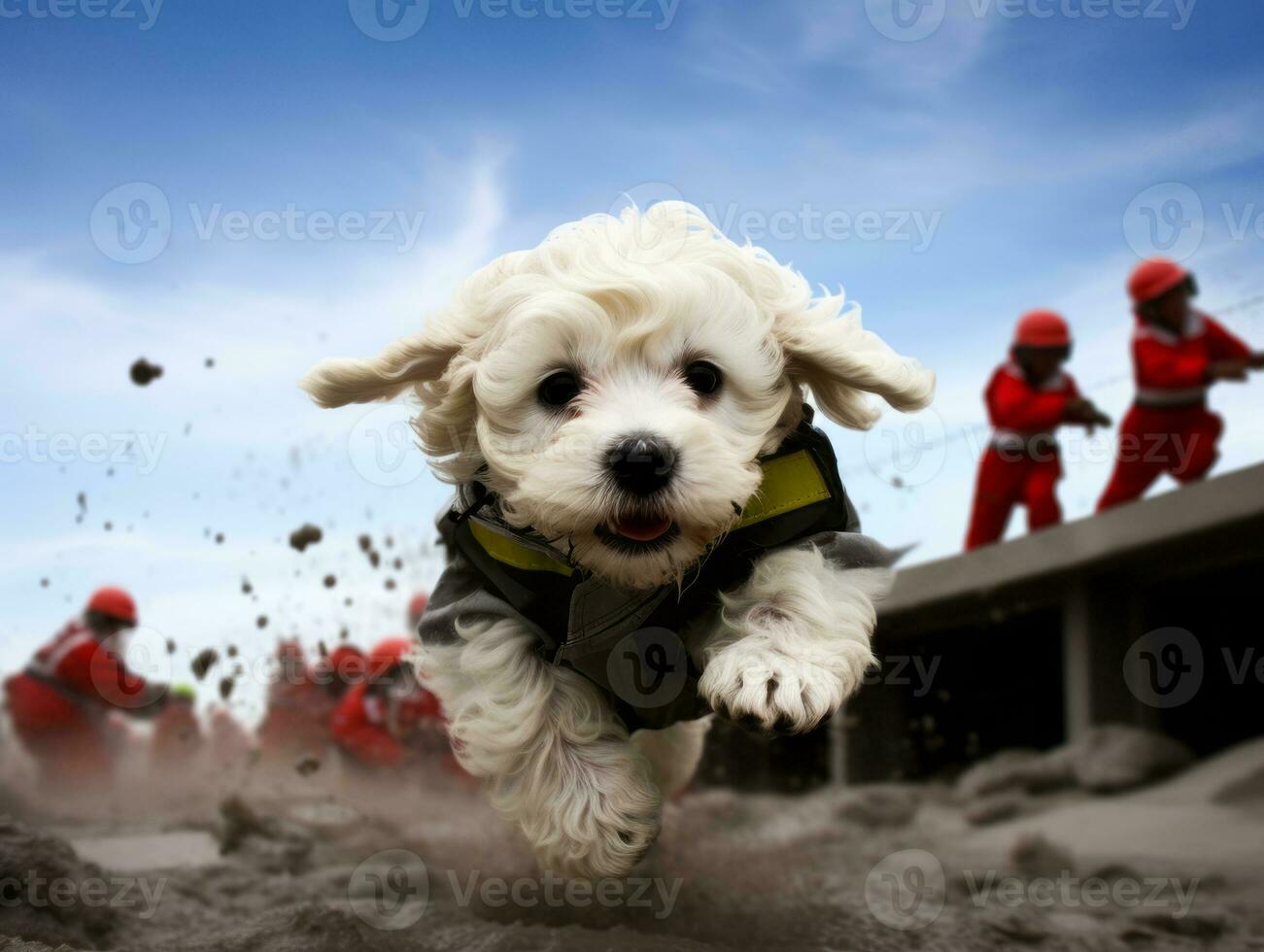 Skilled search and rescue dog working diligently in a disaster area AI Generative photo