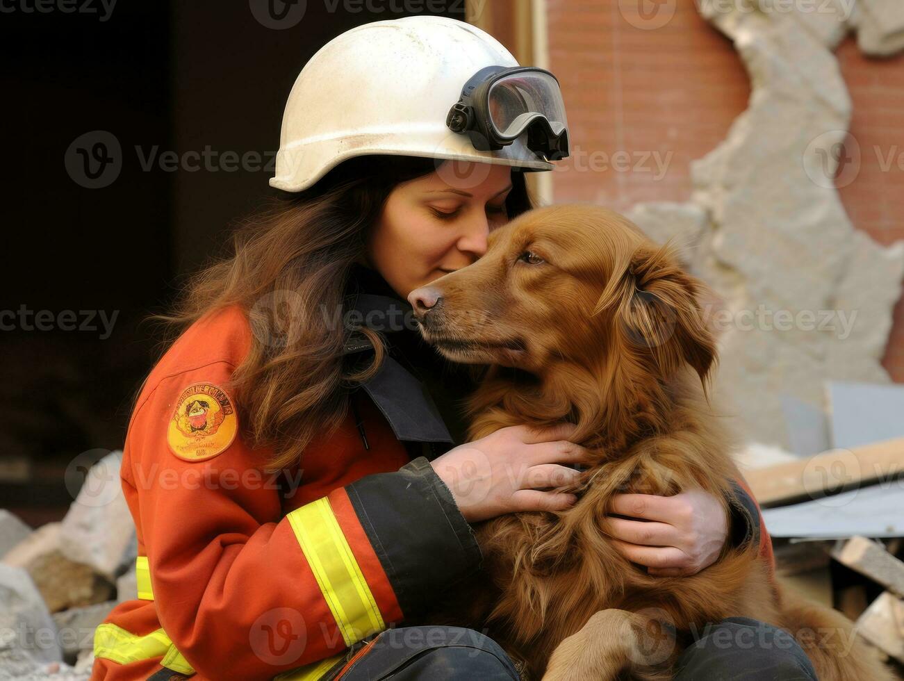 Skilled search and rescue dog working diligently in a disaster area AI Generative photo