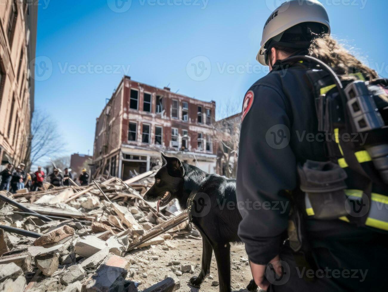 Skilled search and rescue dog working diligently in a disaster area AI Generative photo
