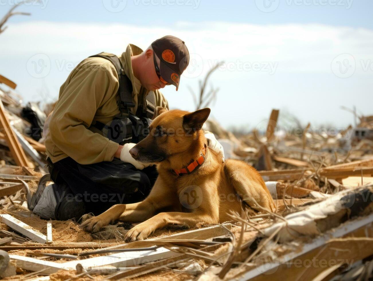Skilled search and rescue dog working diligently in a disaster area AI Generative photo