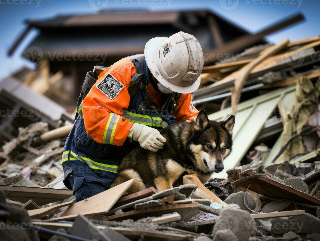 Skilled search and rescue dog working diligently in a disaster area AI Generative photo