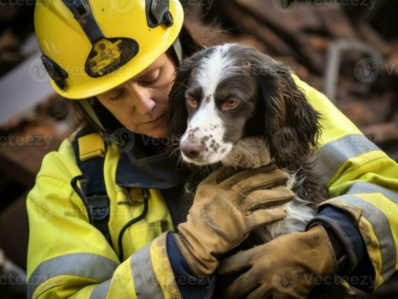 Skilled search and rescue dog working diligently in a disaster area AI Generative photo