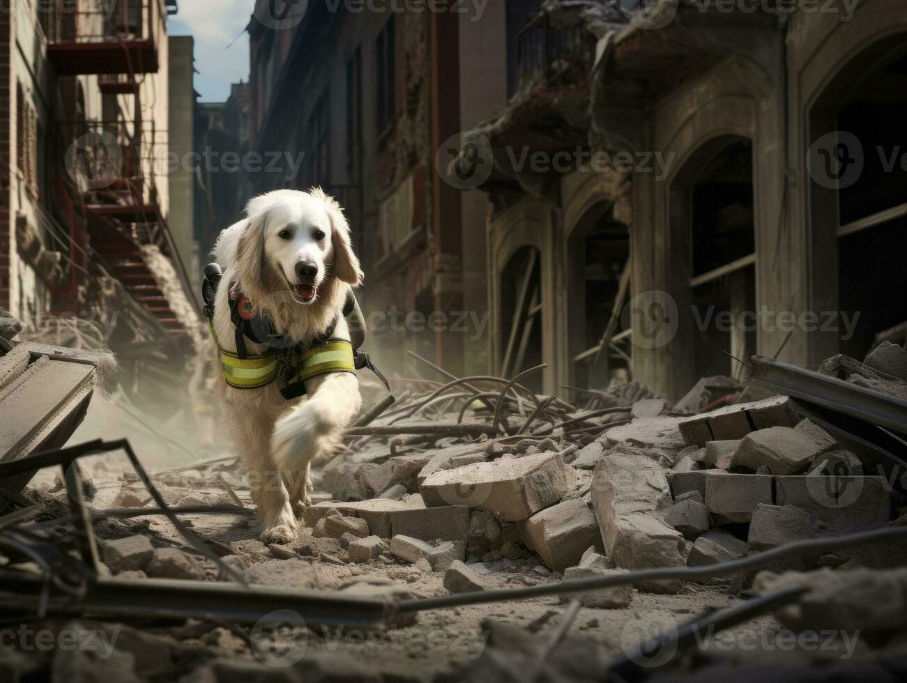 Skilled search and rescue dog working diligently in a disaster area AI Generative photo