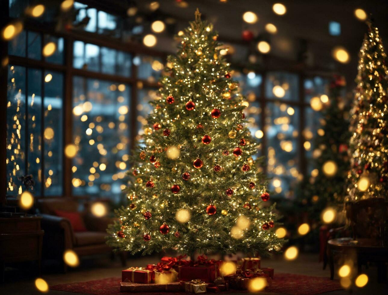 Christmas Tree With Ornament And Bokeh Lights Background photo