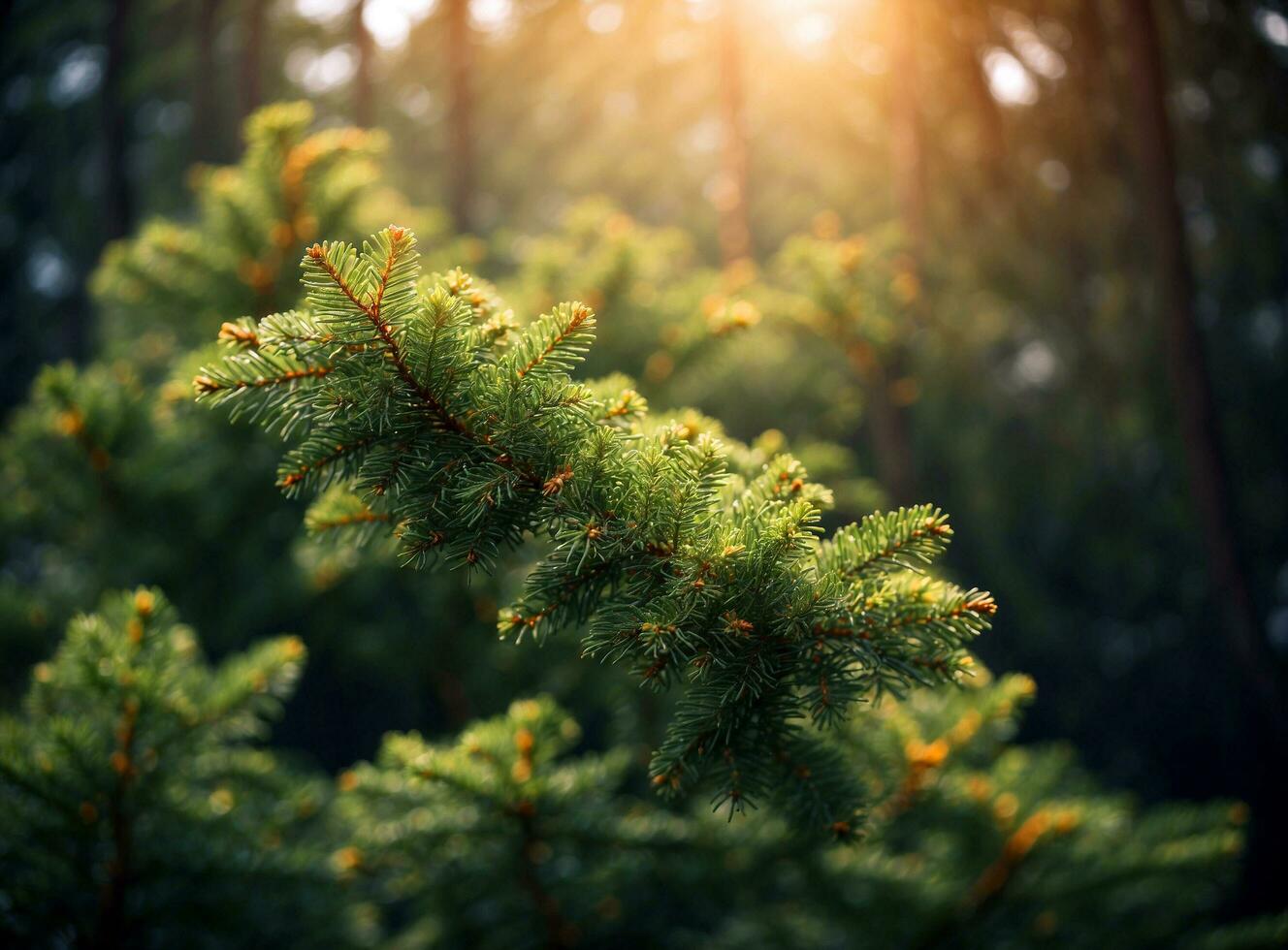 close up of fir tree brunch with sunlight bokeh. Shallow focus. Fluffy fir tree brunch close up. Christmas wallpaper concept. Copy space. photo