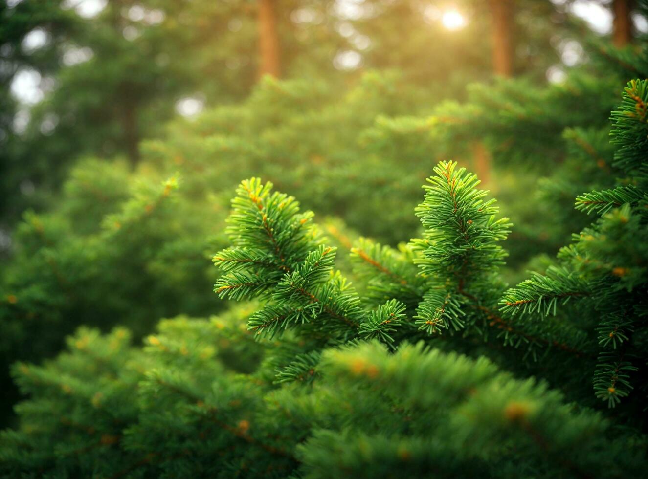 close up of fir tree brunch with sunlight bokeh. Shallow focus. Fluffy fir tree brunch close up. Christmas wallpaper concept. Copy space. photo