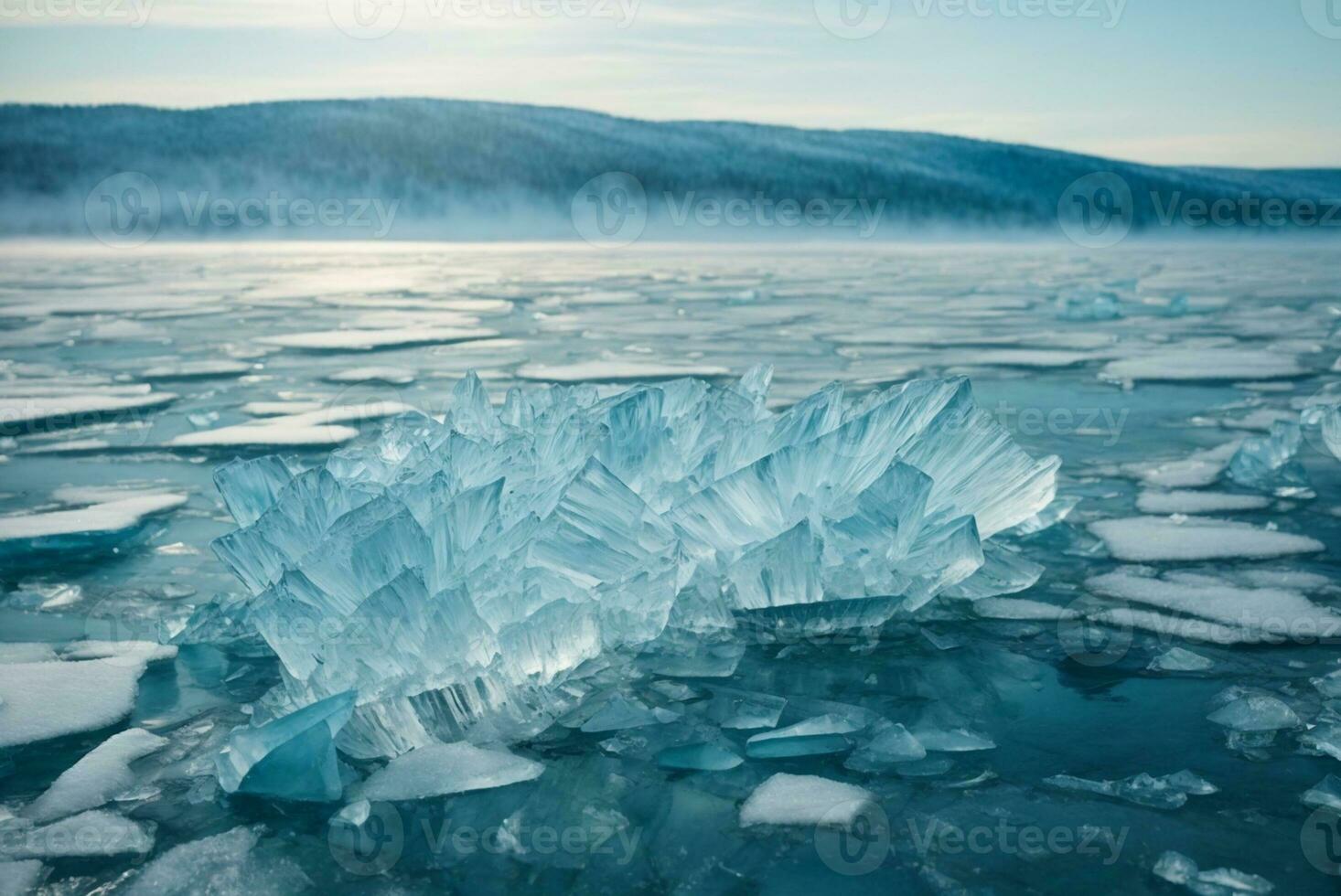 Ice of Lake Baikal, the deepest and largest freshwater lake by volume in the world. AI Generative photo