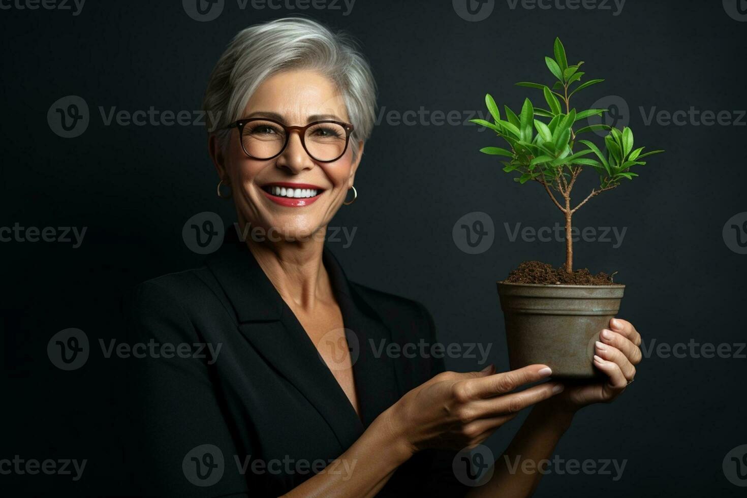 A casual woman stands holding a green plant in a small pot. An entrepreneurial employee is happy with a growing plant. Startup projects, profits, investments and growth ideas. Ai Generative photo
