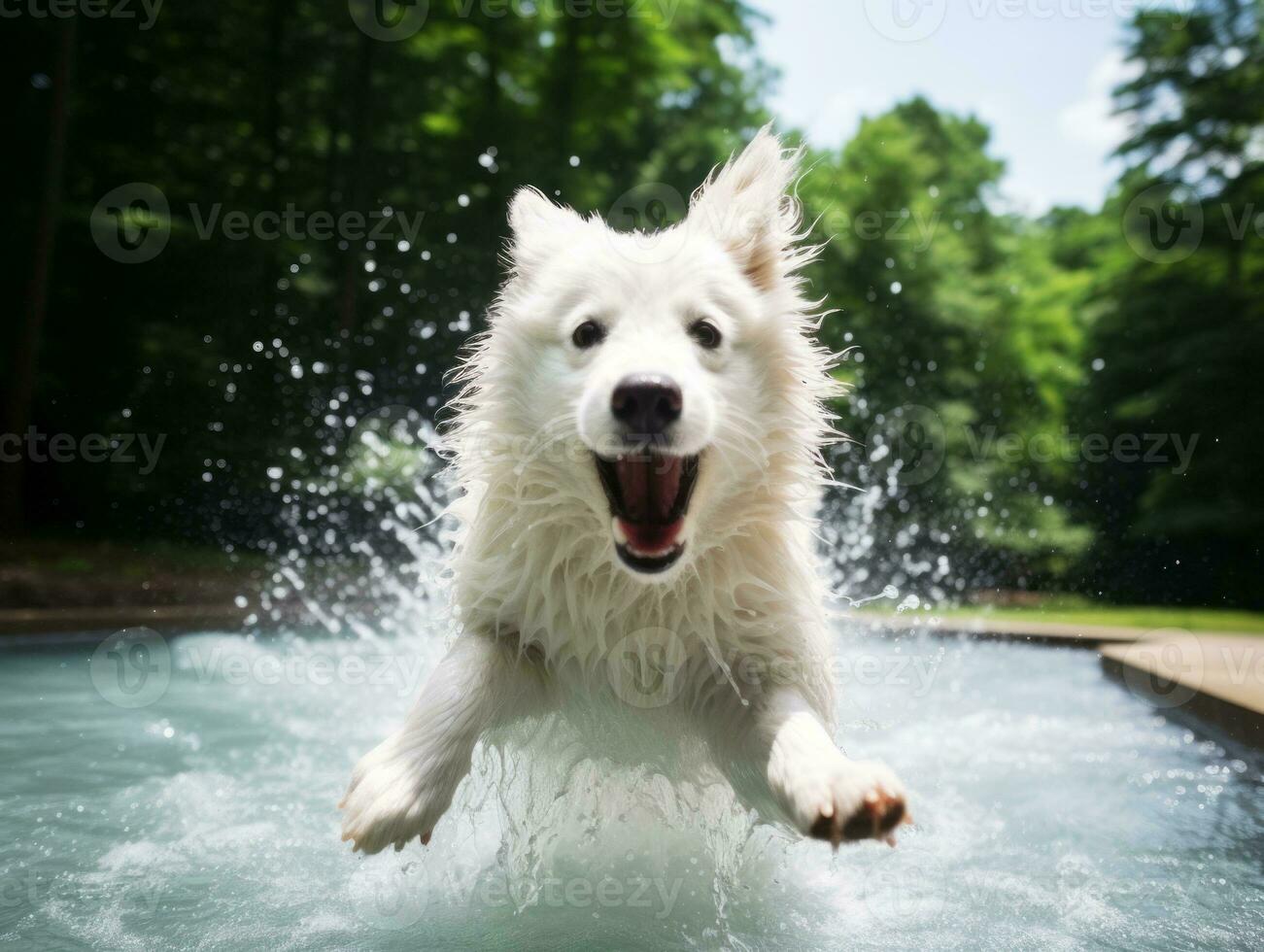 Wet and joyful dog leaping into a pool on a hot summer day AI Generative photo