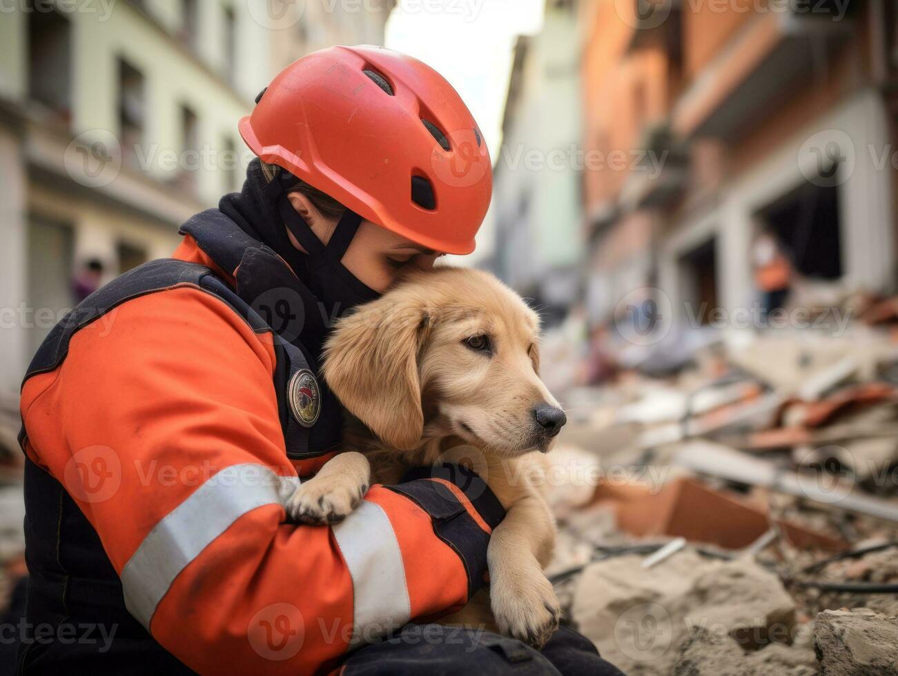 Skilled search and rescue dog working diligently in a disaster area AI Generative photo