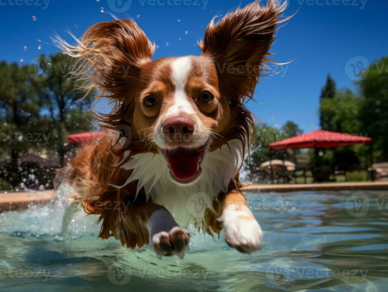 Wet and joyful dog leaping into a pool on a hot summer day AI Generative photo