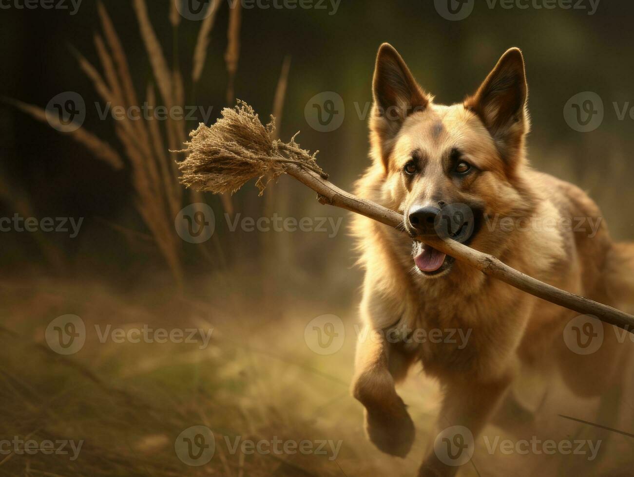 Trusty dog with a stick in its mouth ready for a game of fetch AI Generative photo