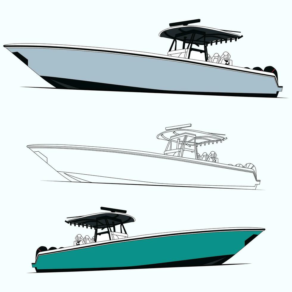 Side view line drawing of sea fishing boat Black and white art treatment. vector