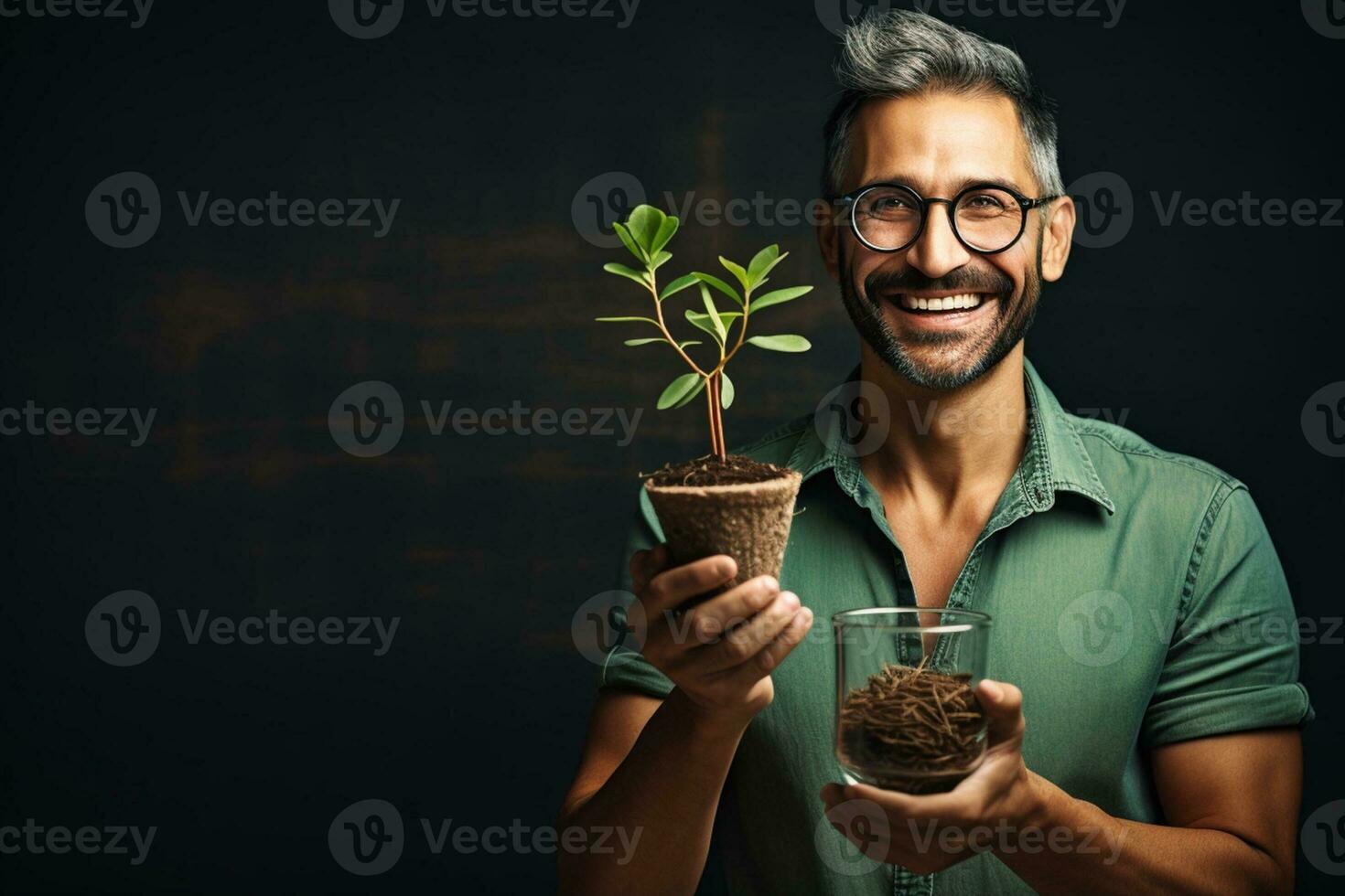 A casual man stands holding a green plant in a small pot. An entrepreneurial employee is happy with a growing plant. Startup projects, profits, investments and growth ideas. Ai Generative photo