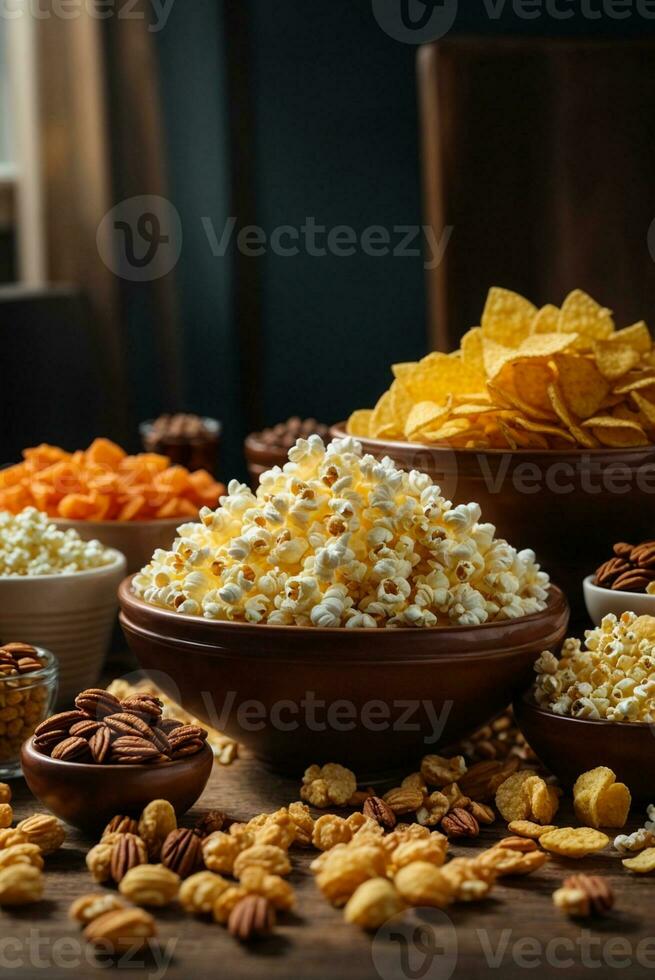 Variety of snacks in wooden bowls. Nuts, corn, raisins, peanuts, walnuts, pecans, cornflakes, cranberries. AI Generative photo