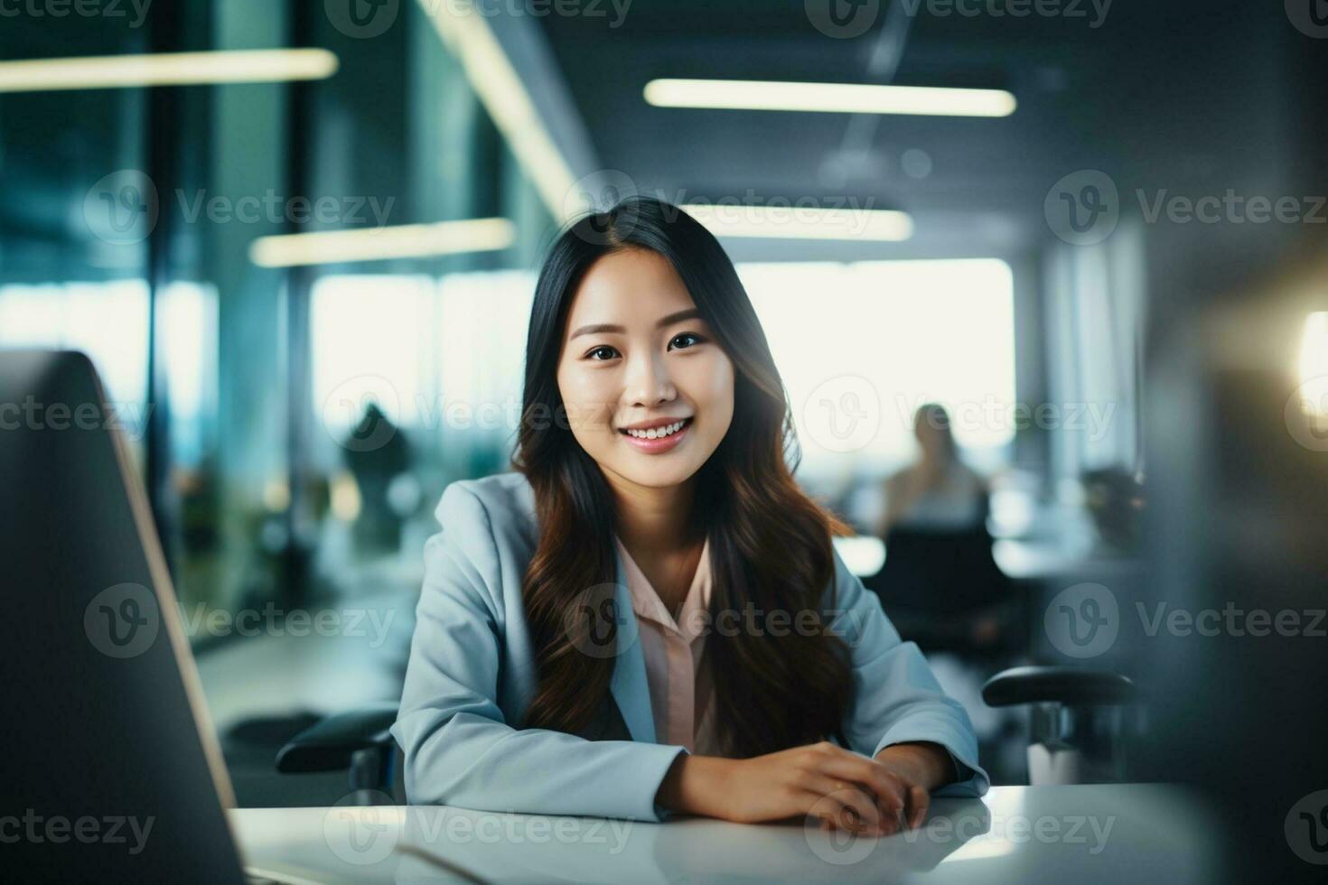Portrait of young woman working on laptop computer in modern office, Confident  employee smiling happily while working with coworkers. AI Generative photo
