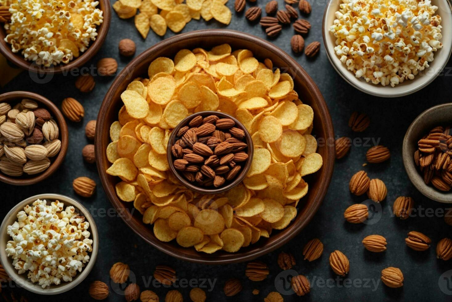 Variety of snacks in wooden bowls. Nuts, corn, raisins, peanuts, walnuts, pecans, cornflakes, cranberries. AI Generative photo